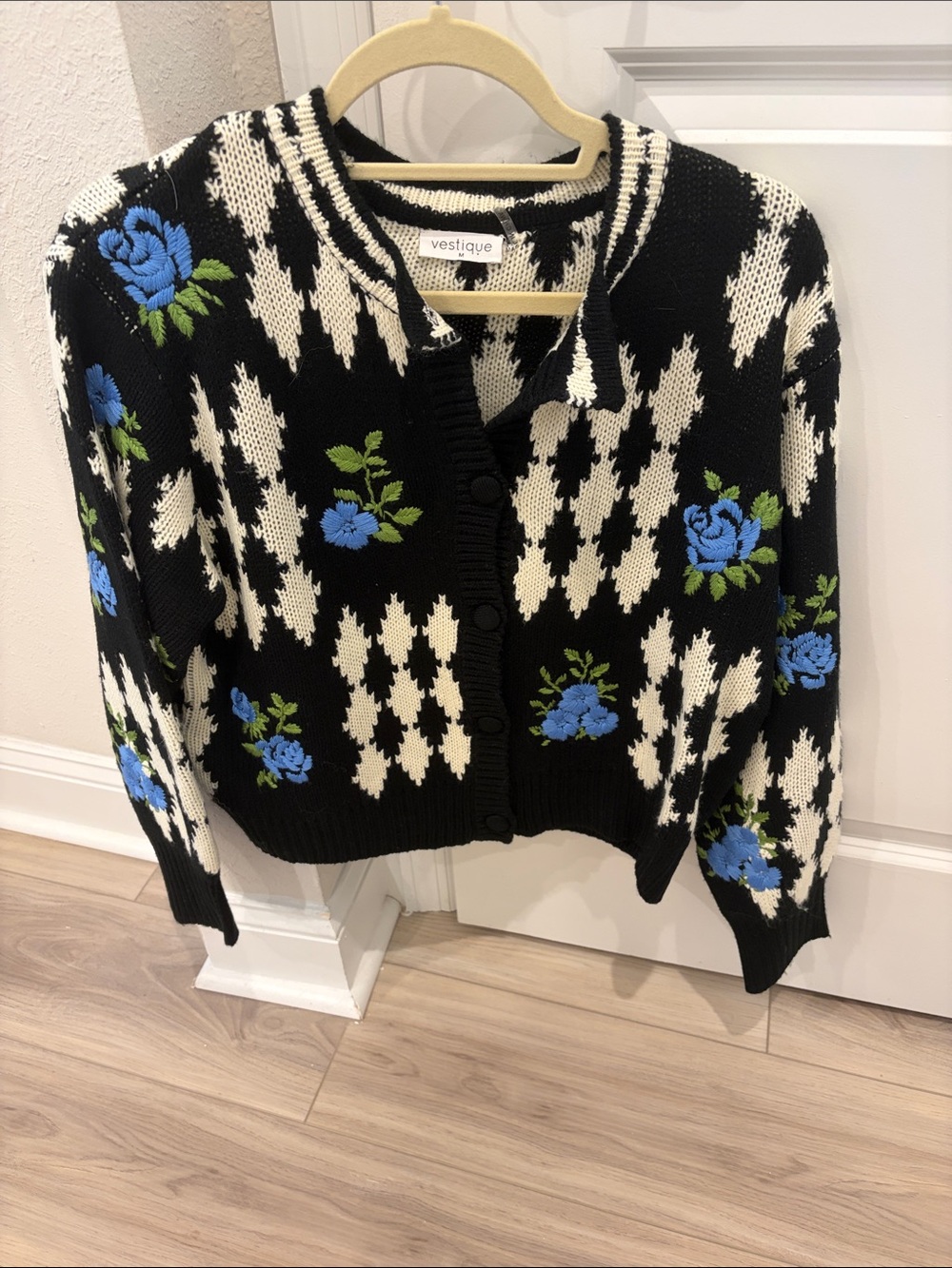 vestique Black Cardigan Sweater with Blue Floral Accents - Picture 4 of 4